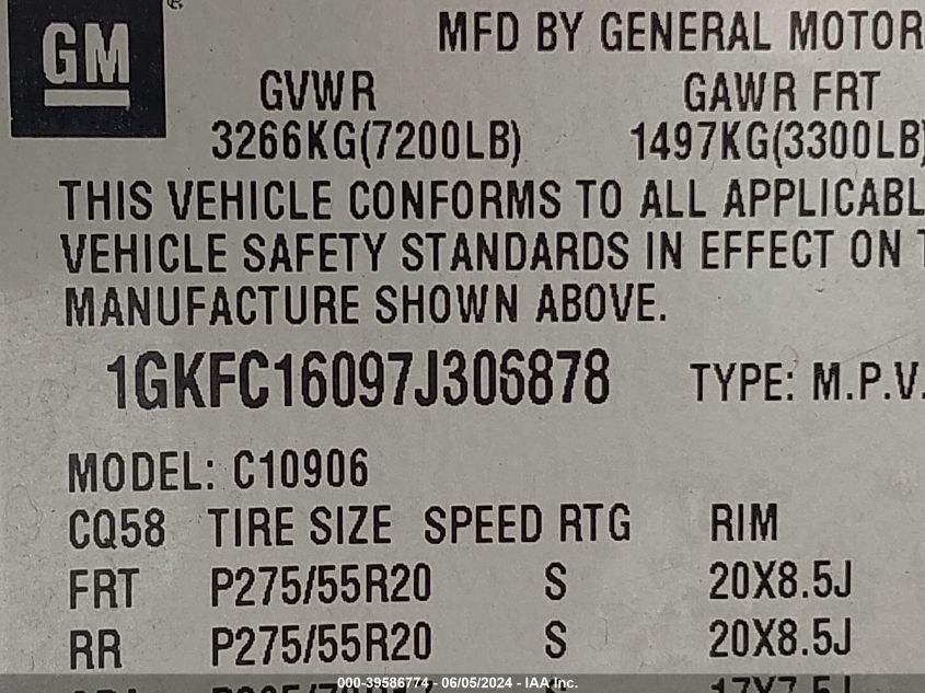 2007 GMC Yukon Xl 1500 Slt VIN: 1GKFC16097J306878 Lot: 39586774