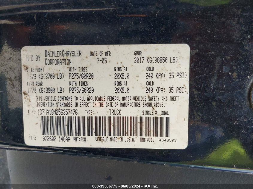 2005 Dodge Ram 1500 Slt/Laramie VIN: 1D7HA18N25S357476 Lot: 39586775