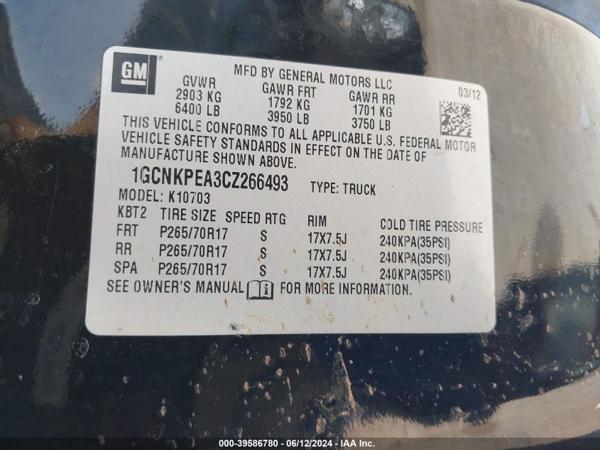 2012 Chevrolet Silverado 1500 Work Truck VIN: 1GCNKPEA3CZ266493 Lot: 39586780