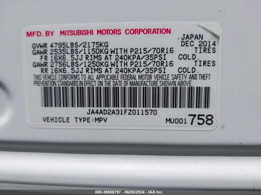 2015 Mitsubishi Outlander Es VIN: JA4AD2A31FZ011570 Lot: 39586797