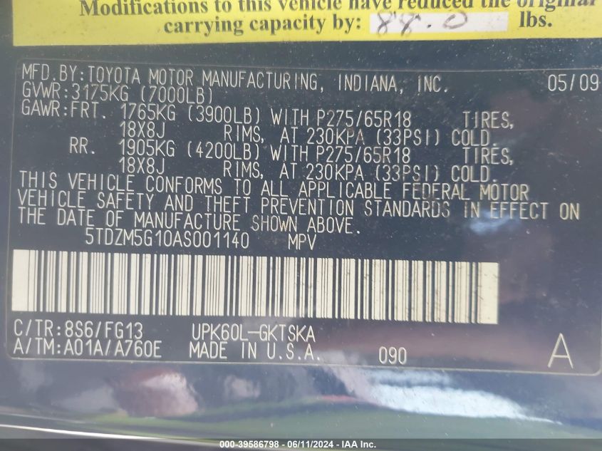 2010 Toyota Sequoia Sr5 4.6L V8 VIN: 5TDZM5G10AS001140 Lot: 39586798