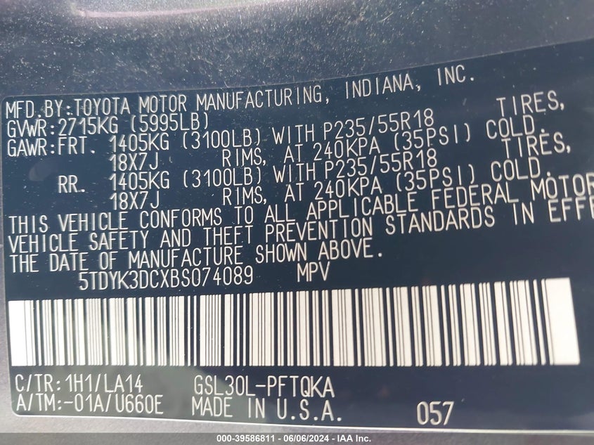 2011 Toyota Sienna Limited V6 VIN: 5TDYK3DCXBS074089 Lot: 39586811