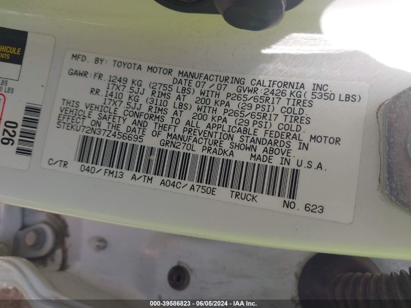 2007 Toyota Tacoma Prerunner V6 VIN: 5TEKU72N37Z456695 Lot: 39586823