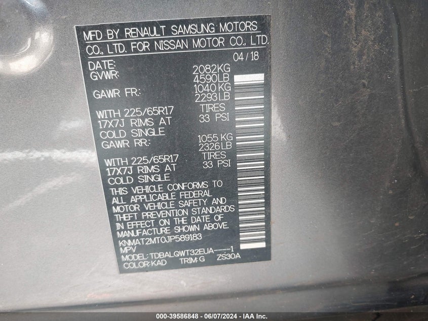 2018 Nissan Rogue Sv VIN: KNMAT2MT0JP589183 Lot: 39586848