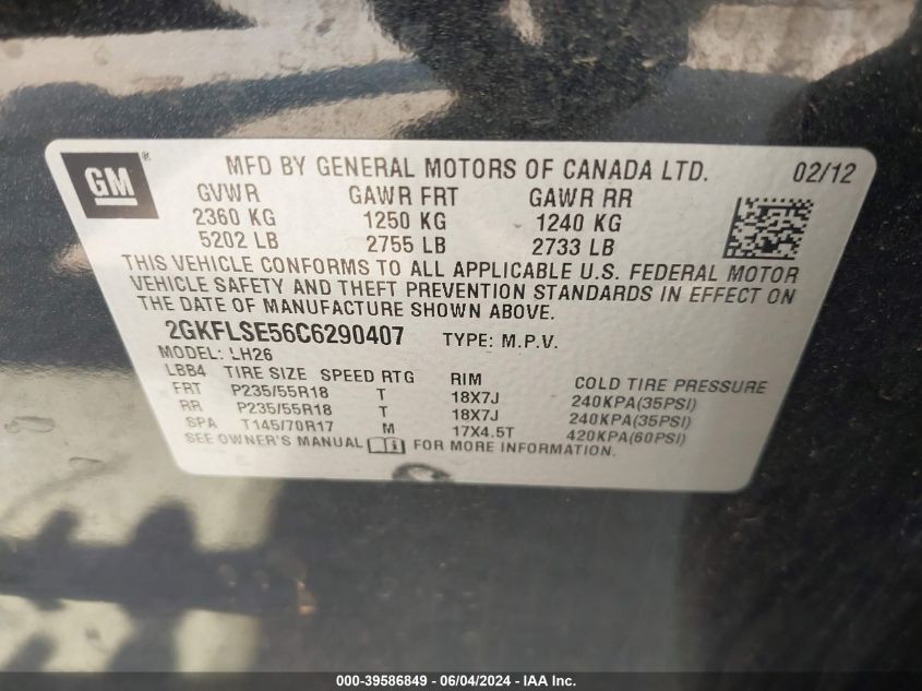 2012 GMC Terrain Sle-2 VIN: 2GKFLSE56C6290407 Lot: 39586849