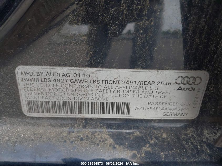 2010 Audi A4 2.0T Premium VIN: WAUBFAFL4AN045944 Lot: 39586873