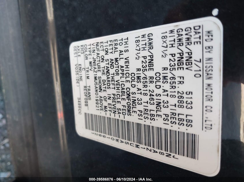 2010 Nissan Murano Sl VIN: JN8AZ1MU5AW019921 Lot: 39586876