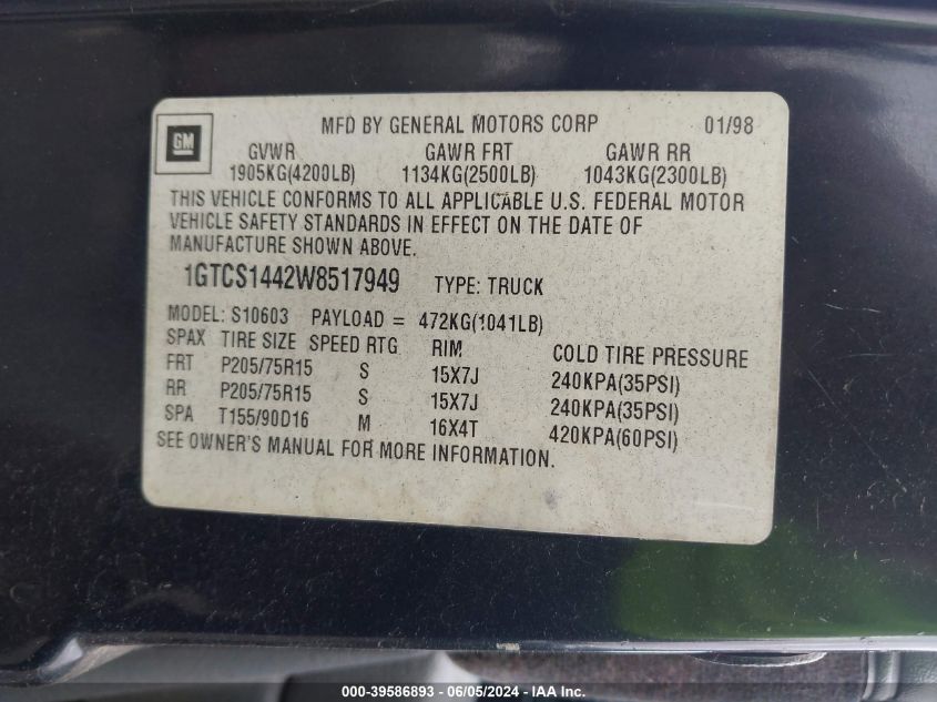 1998 GMC Sonoma Sl VIN: 1GTCS1442W8517949 Lot: 39586893