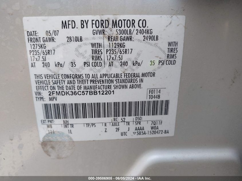 2007 Ford Edge Se VIN: 2FMDK36C57BB12201 Lot: 39586905