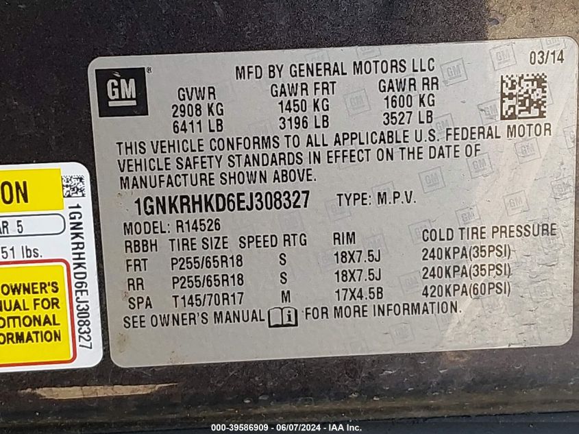 2014 Chevrolet Traverse 2Lt VIN: 1GNKRHKD6EJ308327 Lot: 39586909