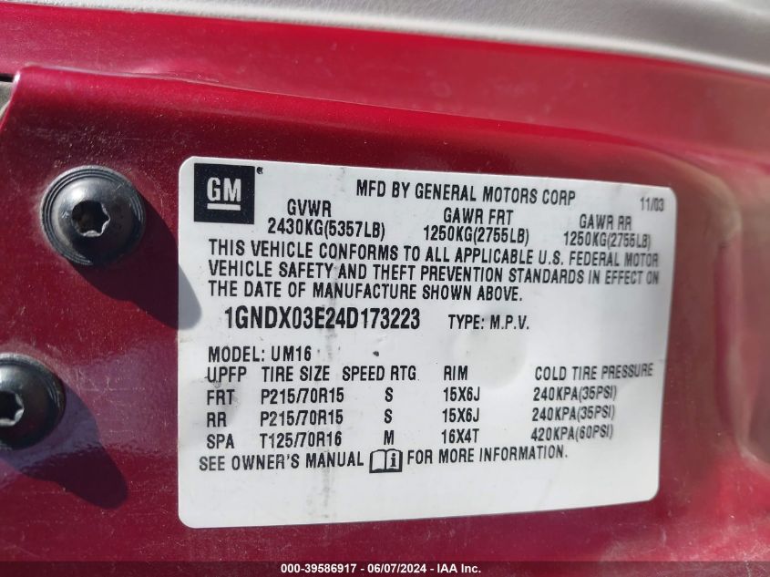 2004 Chevrolet Venture Ls VIN: 1GNDX03E24D173223 Lot: 39586917