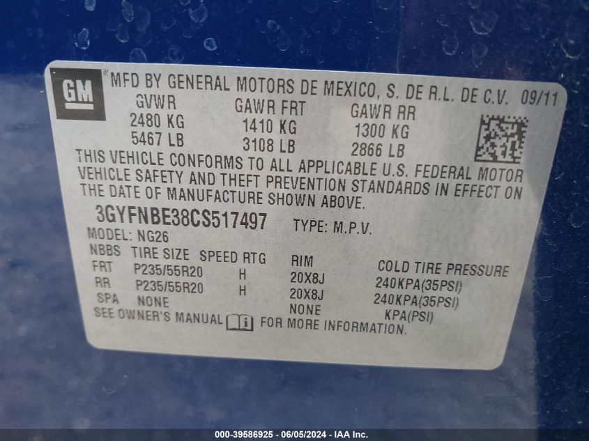 2012 Cadillac Srx Performance Collection VIN: 3GYFNBE38CS517497 Lot: 39586925