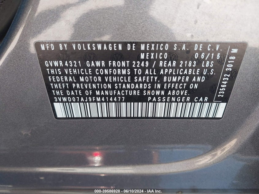 2015 Volkswagen Jetta 1.8T Se VIN: 3VWD07AJ9FM414477 Lot: 39586928