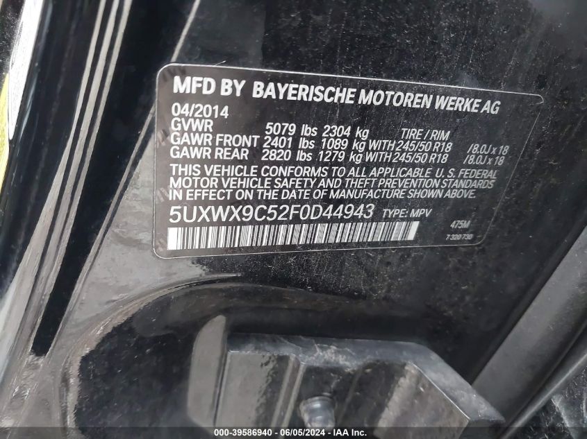 2015 BMW X3 xDrive28I VIN: 5UXWX9C52F0D44943 Lot: 39586940