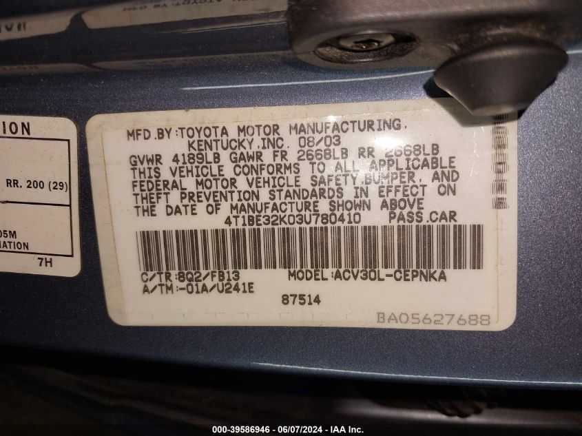 4T1BE32K03U780410 2003 Toyota Camry Le