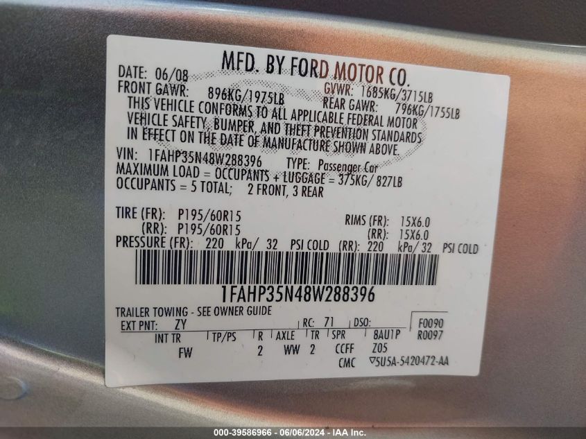 2008 Ford Focus Se/Ses VIN: 1FAHP35N48W288396 Lot: 39586966