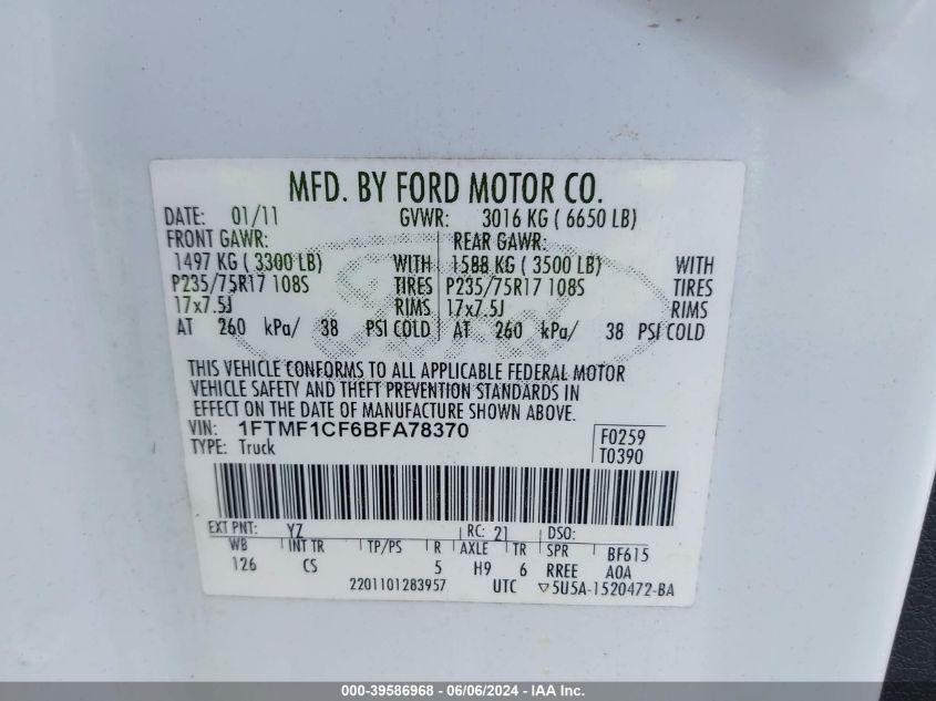 2011 Ford F-150 Xl VIN: 1FTMF1CF6BFA78370 Lot: 39586968