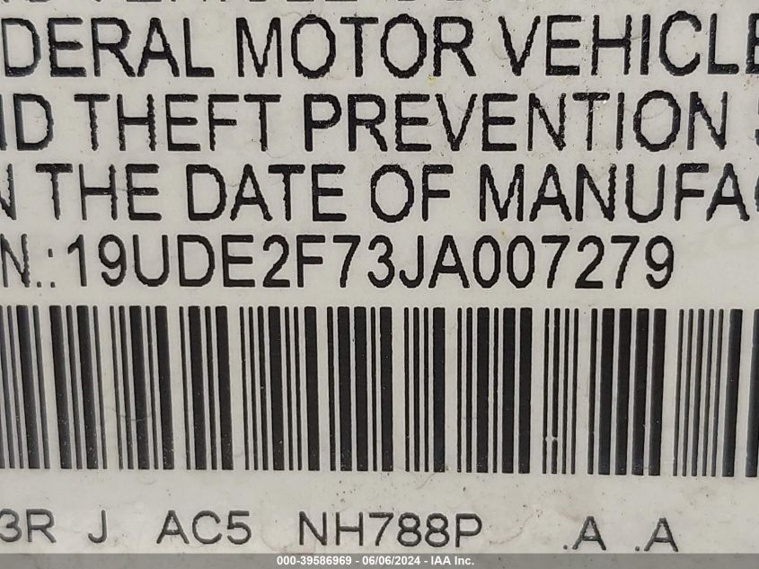 2018 Acura Ilx VIN: 19UDE2F73JA007279 Lot: 39586969