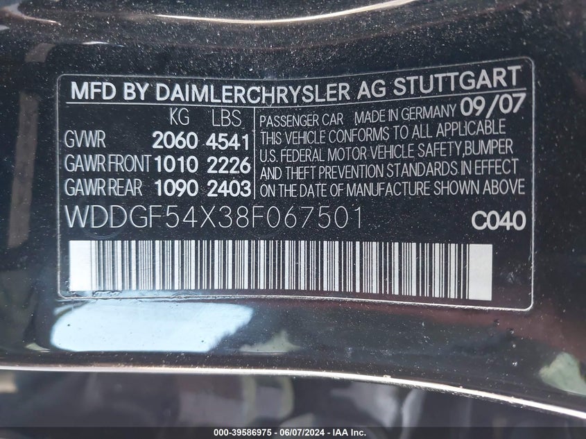 2008 Mercedes-Benz C 300 Luxury/Sport VIN: WDDGF54X38F067501 Lot: 39586975