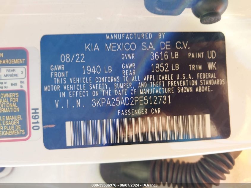 2023 Kia Rio 5-Door S VIN: 3KPA25AD2PE512731 Lot: 39586976