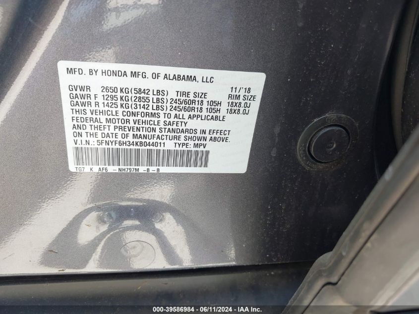 2019 Honda Pilot Ex VIN: 5FNYF6H34KB044011 Lot: 39586984