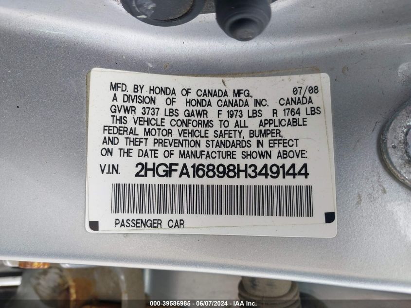 2008 Honda Civic Ex VIN: 2HGFA16898H349144 Lot: 39586985