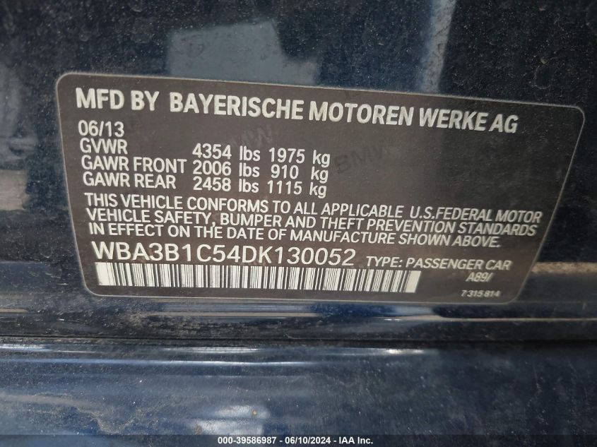 2013 BMW 320I VIN: WBA3B1C54DK130052 Lot: 39586987