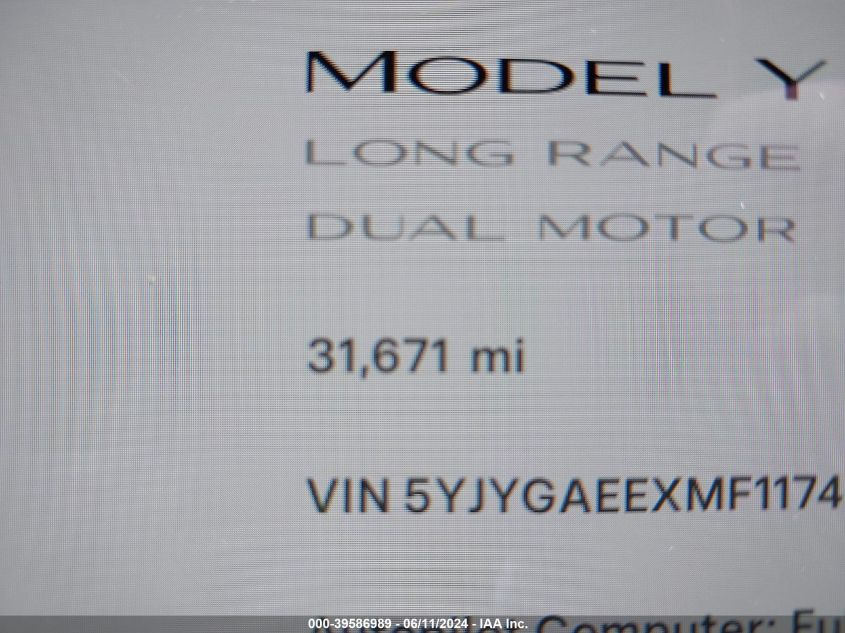 2021 Tesla Model Y Long Range Dual Motor All-Wheel Drive VIN: 5YJYGAEEXMF117407 Lot: 39586989