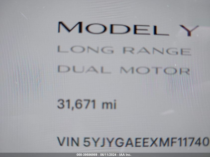 2021 Tesla Model Y Long Range Dual Motor All-Wheel Drive VIN: 5YJYGAEEXMF117407 Lot: 39586989