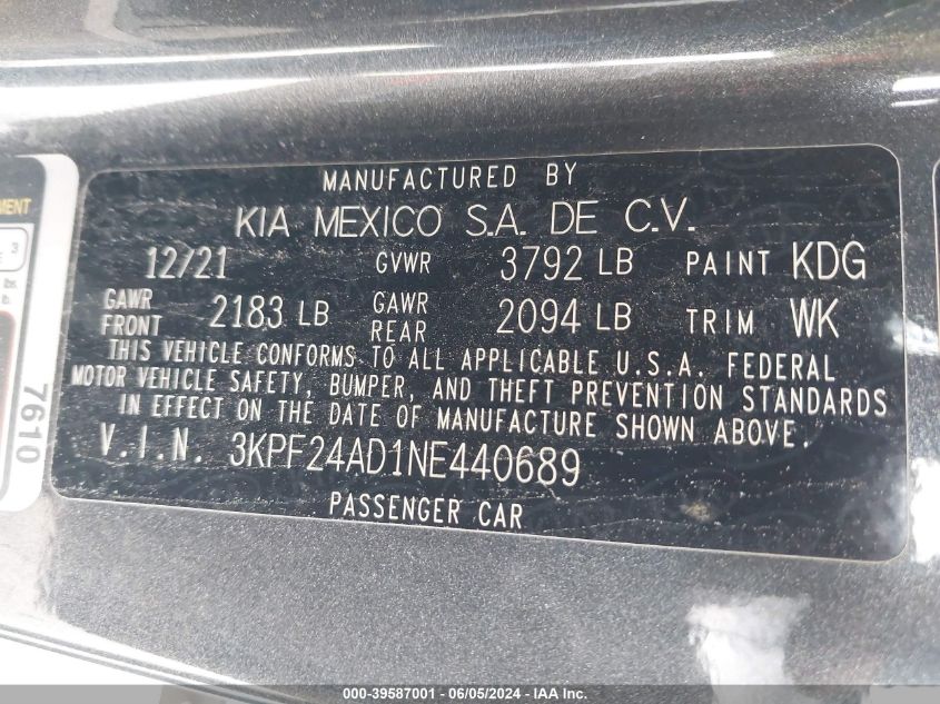 2022 Kia Forte Lxs VIN: 3KPF24AD1NE440689 Lot: 39587001