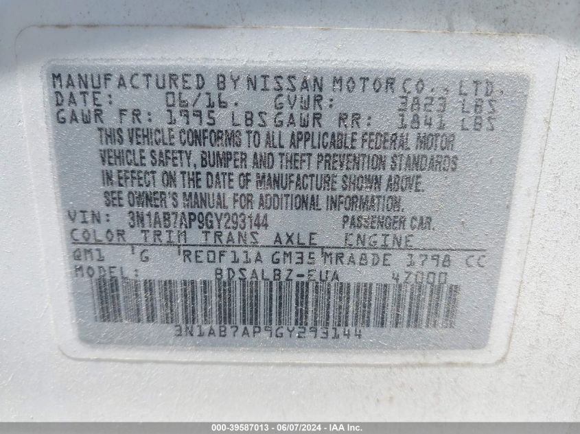 2016 Nissan Sentra Fe+ S/S/Sl/Sr/Sv VIN: 3N1AB7AP9GY293144 Lot: 39587013