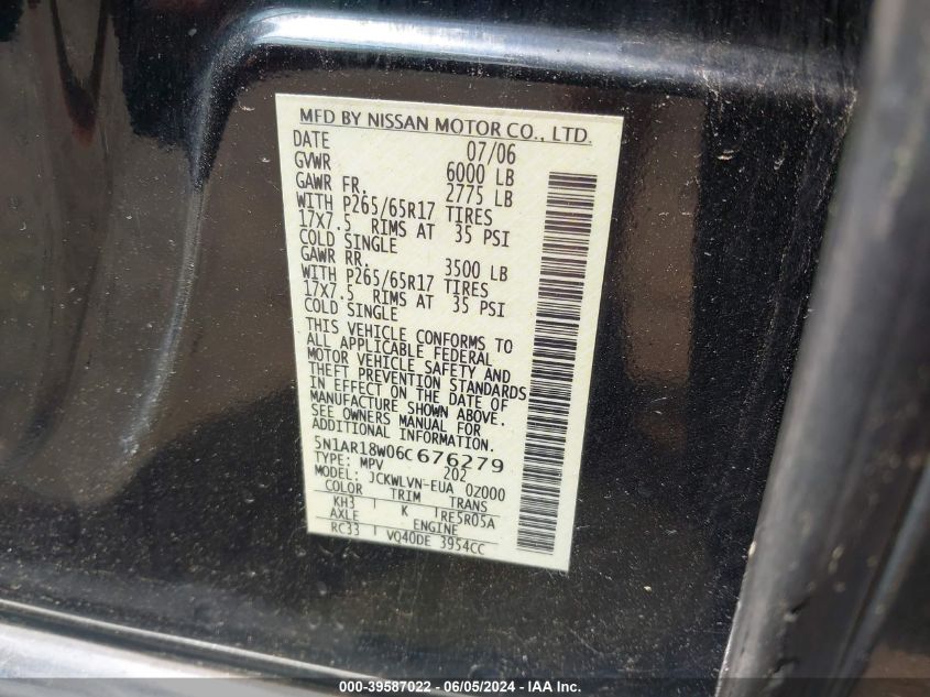 2006 Nissan Pathfinder Le VIN: 5N1AR18W06C676279 Lot: 39587022