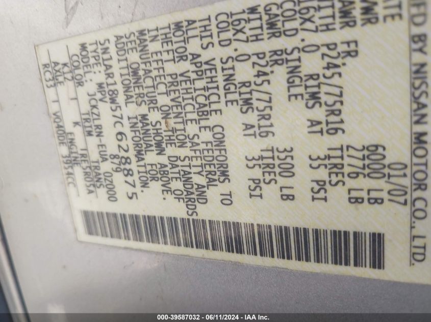 2007 Nissan Pathfinder S VIN: 5N1AR18W57C628875 Lot: 39587032