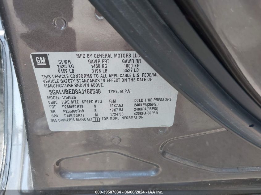 2010 Buick Enclave 1Xl VIN: 5GALVBED8AJ160548 Lot: 39587034