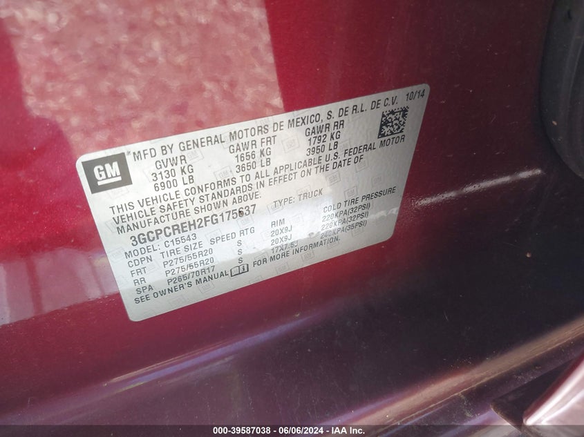 2015 Chevrolet Silverado 1500 1Lt VIN: 3GCPCREH2FG175637 Lot: 39587038