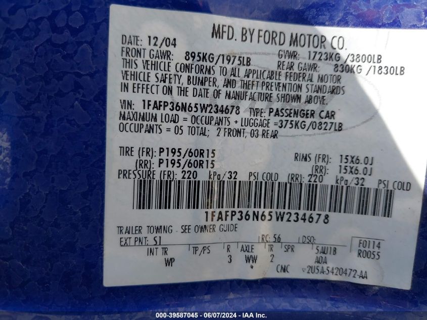 2005 Ford Focus Zxw VIN: 1FAFP36N65W234678 Lot: 39587045