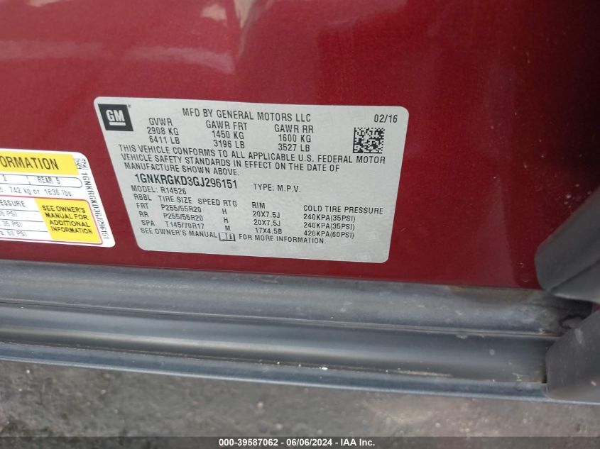 2016 Chevrolet Traverse 1Lt VIN: 1GNKRGKD3GJ296151 Lot: 39587062