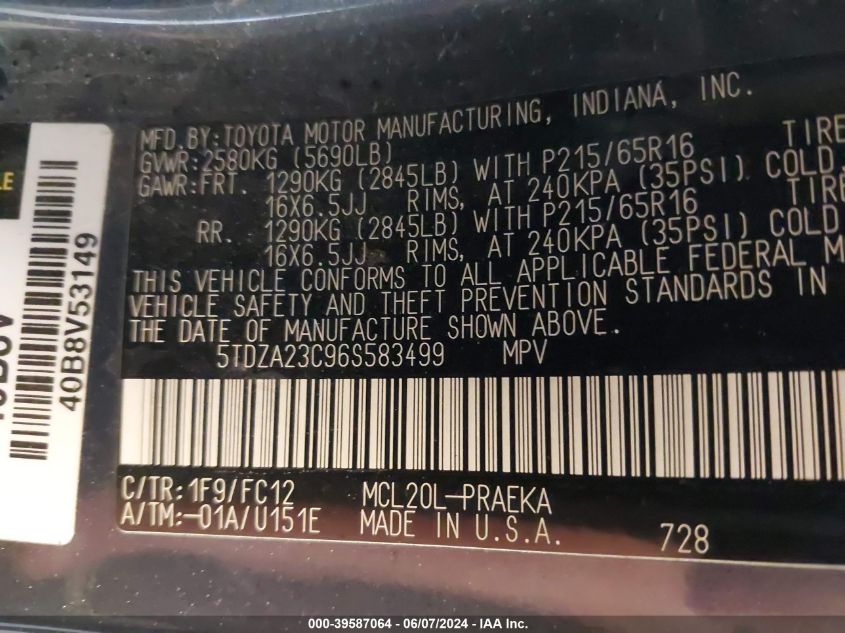 2006 Toyota Sienna Le VIN: 5TDZA23C96S583499 Lot: 39587064