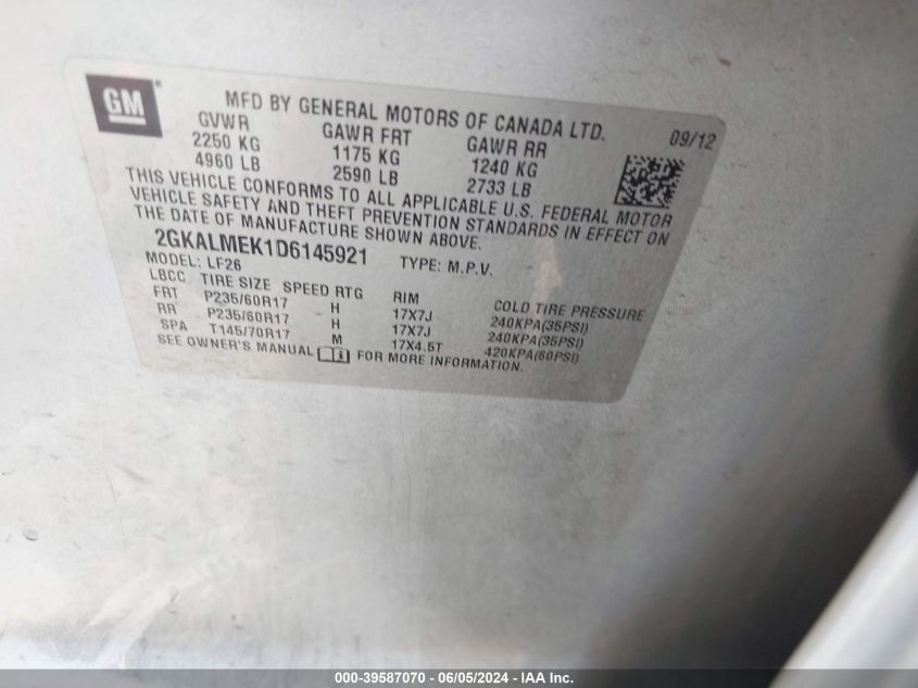 2013 GMC Terrain Sle-1 VIN: 2GKALMEK1D6145921 Lot: 39587070