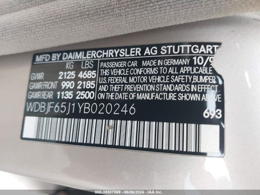 2000 Mercedes-Benz E 320 VIN: WDBJF65J1YB020246 Lot: 39587069