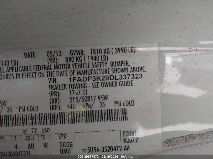 2013 Ford Focus Se VIN: 1FADP3K29DL337323 Lot: 39587073