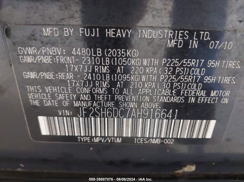2010 Subaru Forester 2.5X Limited VIN: JF2SH6DC7AH916641 Lot: 39587076