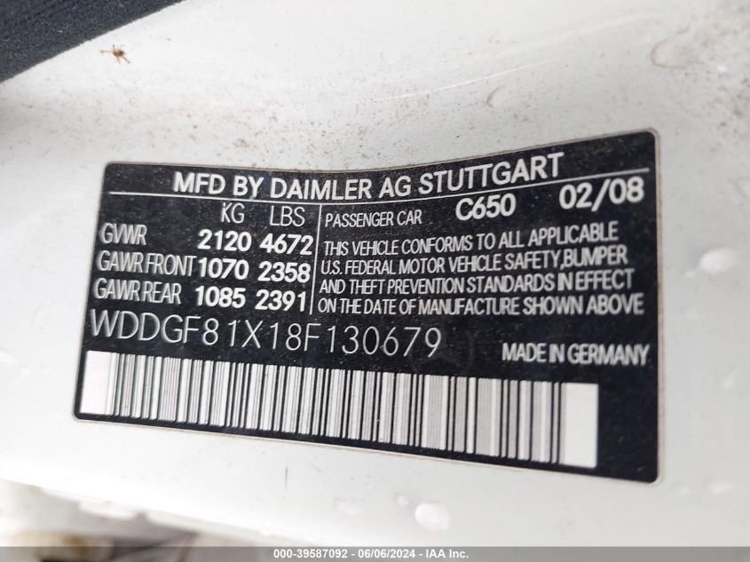 2008 Mercedes-Benz C 300 Luxury 4Matic/Sport 4Matic VIN: WDDGF81X18F130679 Lot: 39587092