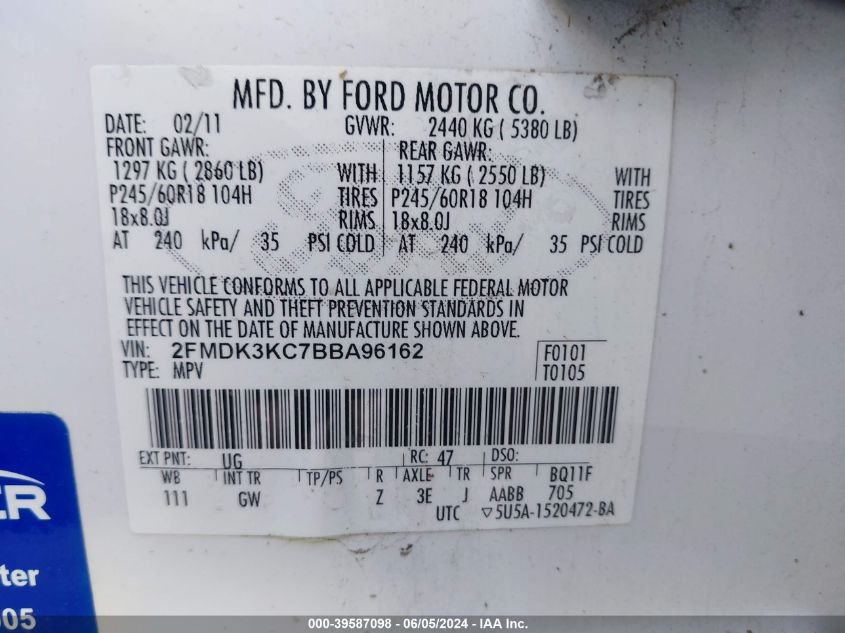 2011 Ford Edge Limited VIN: 2FMDK3KC7BBA96162 Lot: 39587098