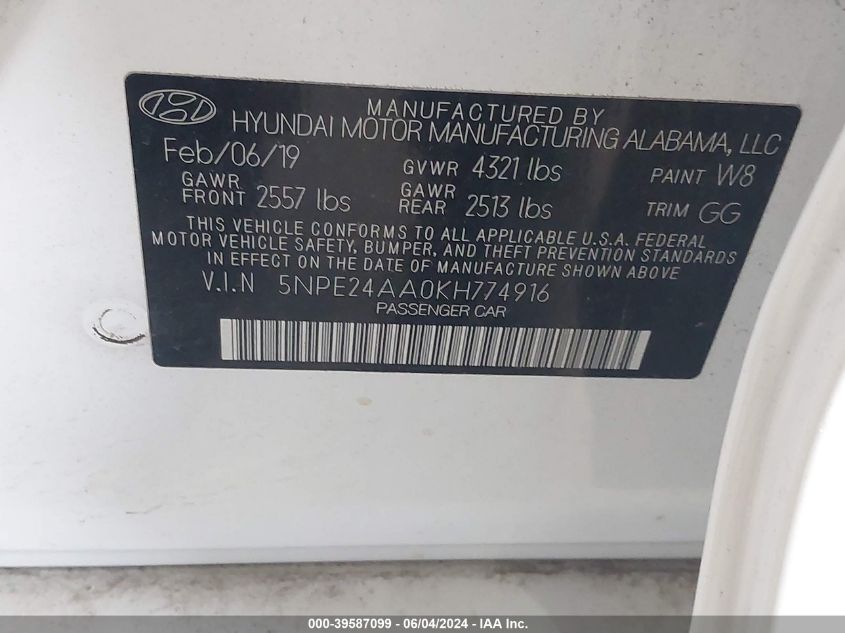 2019 Hyundai Sonata Eco VIN: 5NPE24AA0KH774916 Lot: 39587099