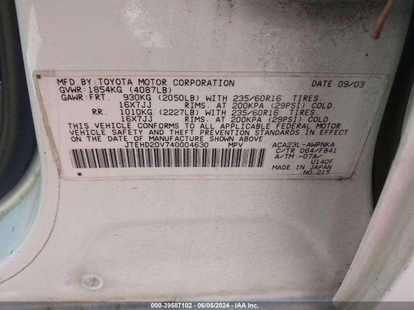 2004 Toyota Rav4 VIN: JTEHD20V740004630 Lot: 39587102