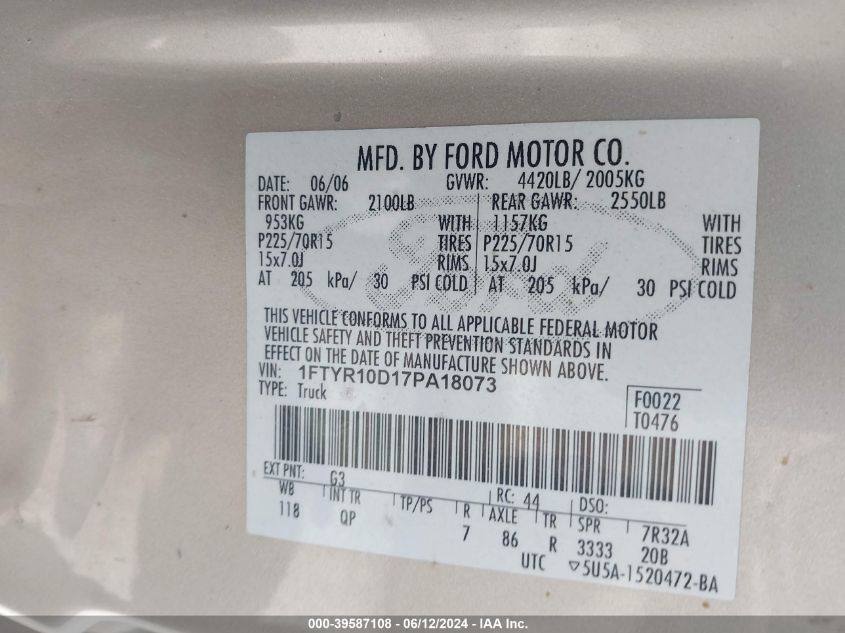 2007 Ford Ranger Stx/Xl/Xlt VIN: 1FTYR10D17PA18073 Lot: 39587108