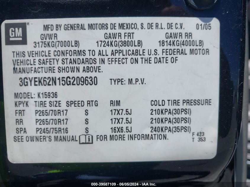 2005 Cadillac Escalade Ext Standard VIN: 3GYEK62N15G209630 Lot: 39587109