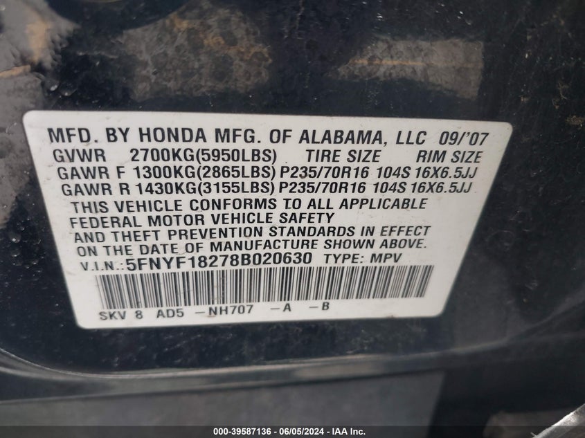 2008 Honda Pilot Vp VIN: 5FNYF18278B020630 Lot: 39587136