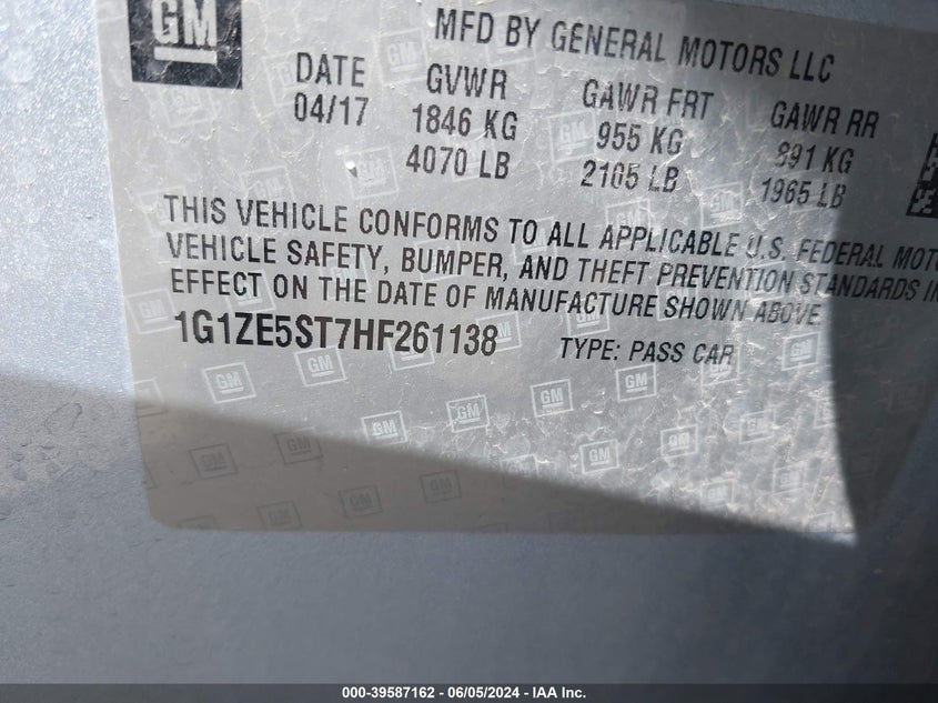 2017 Chevrolet Malibu 1Lt VIN: 1G1ZE5ST7HF261138 Lot: 39587162